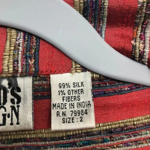 Chicos Striped Textured Red Silk Jacket Button Dow - Picture 4 of 6